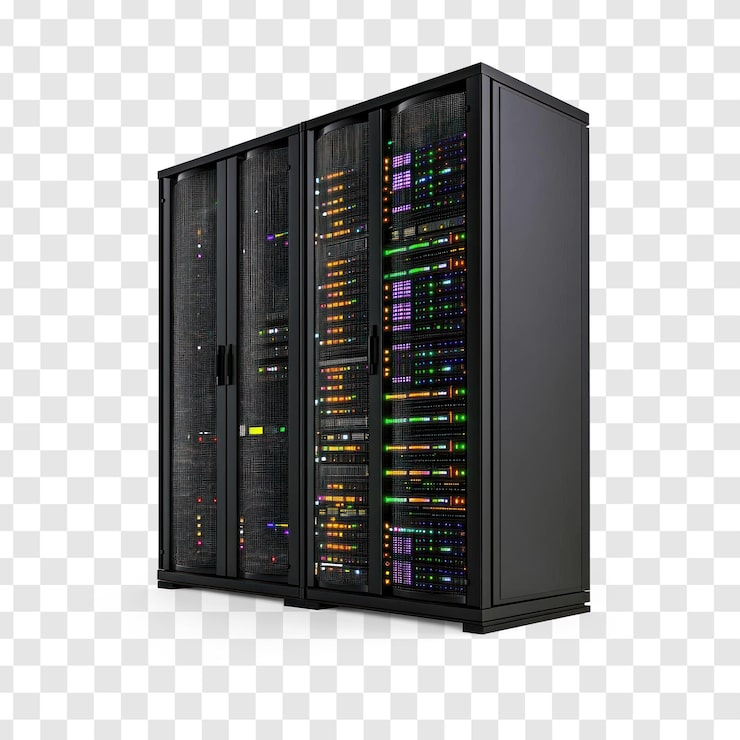 PSD la vista frontal de los racks de servidores de red modernos se aísla en un fondo transparente