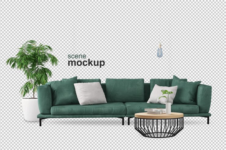 PSD vista frontal del sofá y la planta en renderizado 3d.