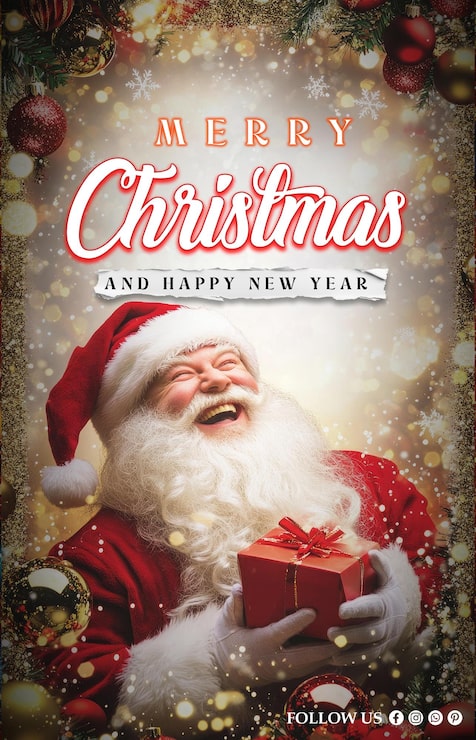 PSD weihnachtsposter mit dem festlichen weihnachten, der ein geschenk in der weihnachtgrenze hält