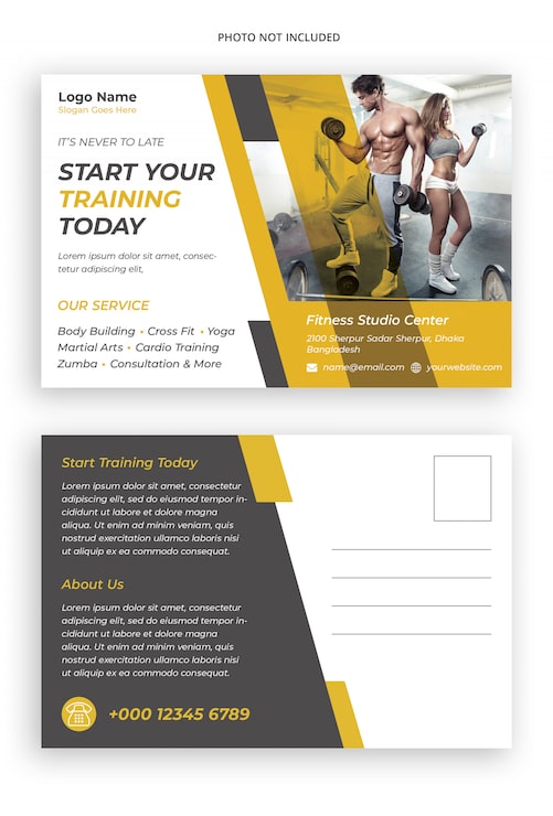 PSD werbepostkartenvorlage für fitnessstudios und fitnesscenter