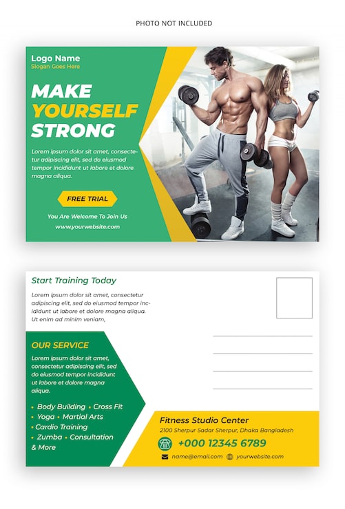 PSD werbepostkartenvorlage für fitnessstudios und fitnesscenter