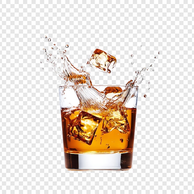 PSD whiskey splash mit eiswürfeln hochwertiges foto von getränk in glas auf durchsichtigem hintergrund
