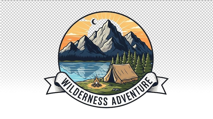 PSD wildnis-abenteuer-logo mit bergen, zelt und see-illustration