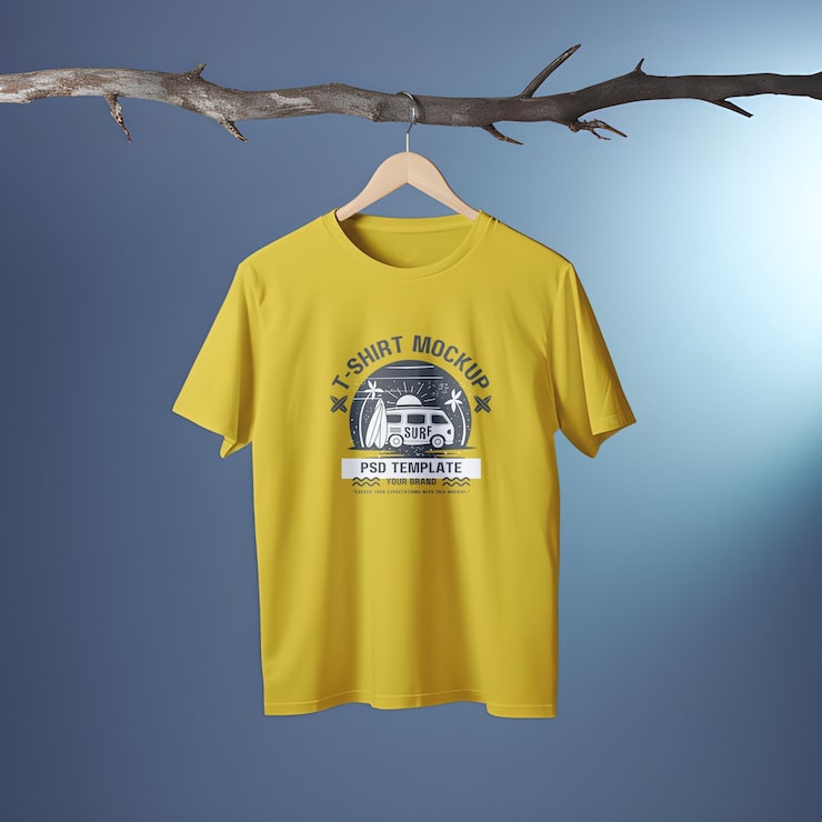 PSD žluté tričko – mockup na ramínku s grafikou plážové scény