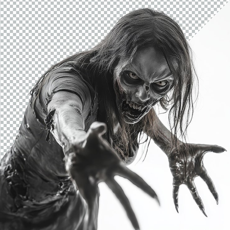 PSD una zombi hembra extendiendo las manos con garras contra un fondo transparente limpio en una personificación inquietante de los no-muertos zombie hembra exteniendo las garras sobre un fondo transparente