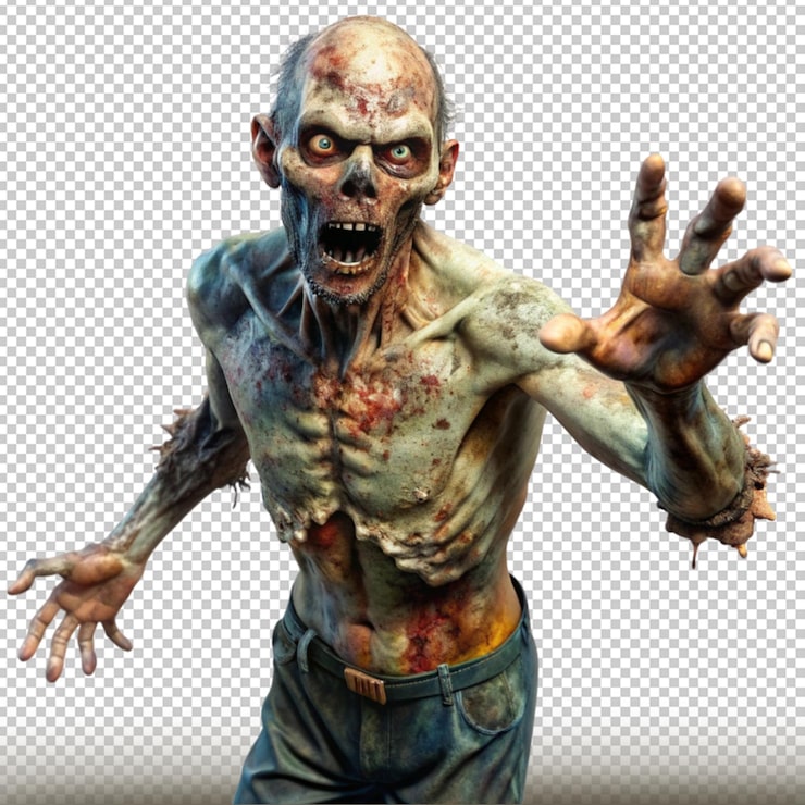 PSD zombie com pele em decomposição e braços estendidos isolado em fundo transparente