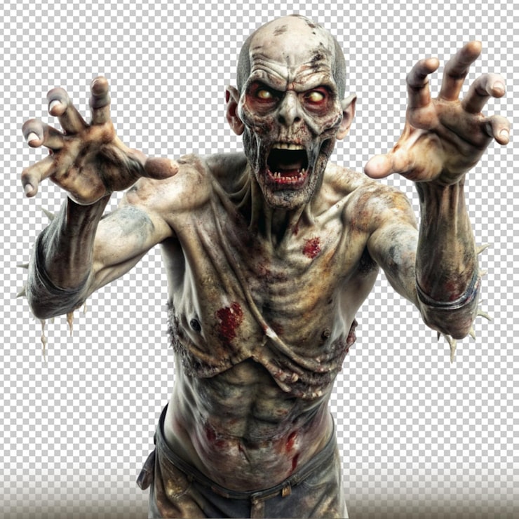 PSD zombie com pele em decomposição e braços estendidos isolado em fundo transparente