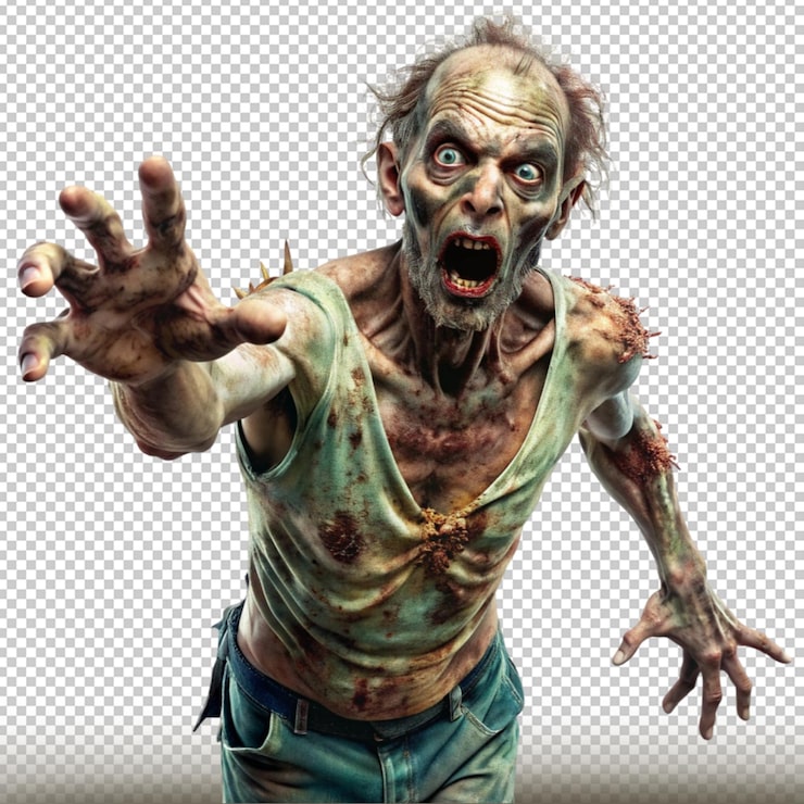 PSD zombie com pele em decomposição e braços estendidos isolado em fundo transparente