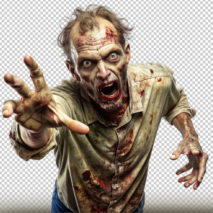 PSD zombie com pele em decomposição e braços estendidos isolado em fundo transparente