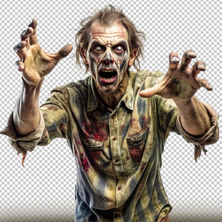 PSD zombie com pele em decomposição e braços estendidos isolado em fundo transparente