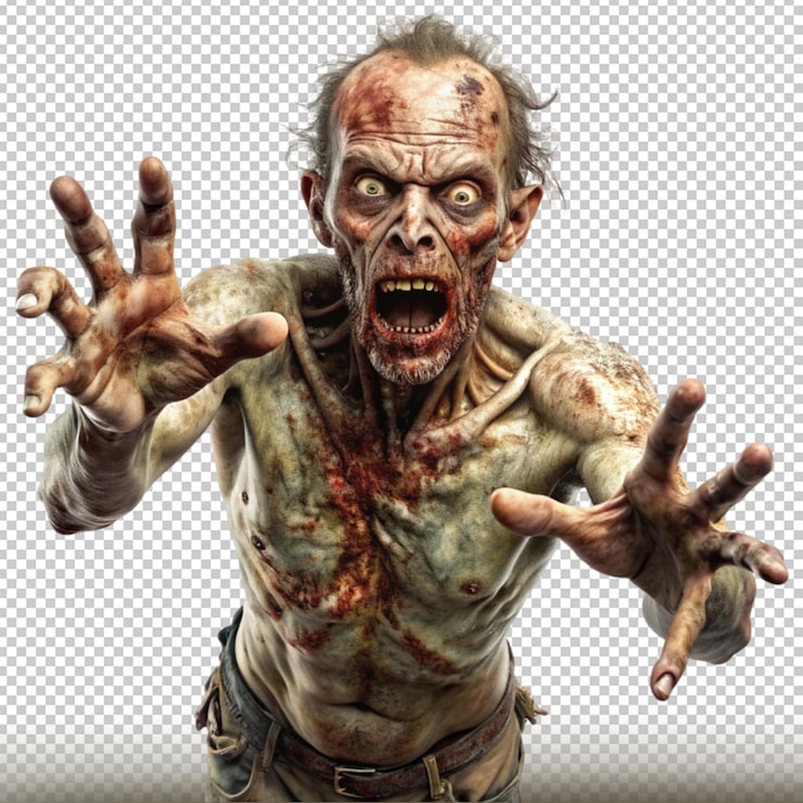 PSD zombie com pele em decomposição e braços estendidos isolado em fundo transparente