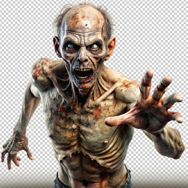PSD zombie com pele em decomposição e braços estendidos isolado em fundo transparente