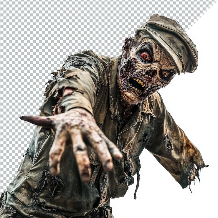 PSD zombie militar com uniforme rasgado estendendo-se em uma pose arrepiante contra um fundo transparente puro zombie militar em fundo transparente
