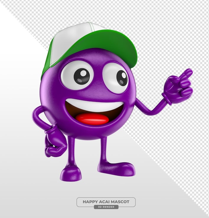 Zdarma PSD maskot acai berry ukazující, kreslený 3d render s transparentním pozadím