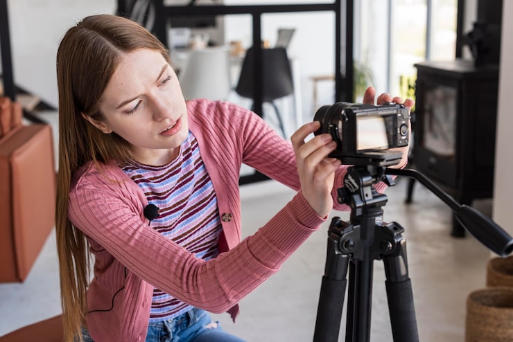 Ücretsiz Fotoğraf blogger kamerayı tripoda ayarlıyor
