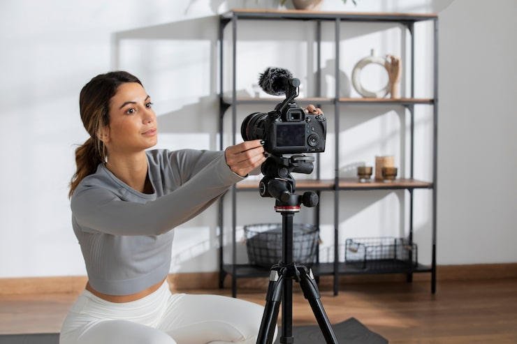Ücretsiz Fotoğraf kadın fitness eğitmeni çevrimiçi ders vermek için evde kamera kuruyor