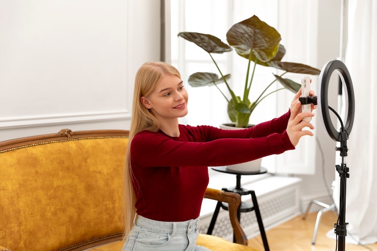 Ücretsiz Fotoğraf orta çekimde selfie çeken kadın