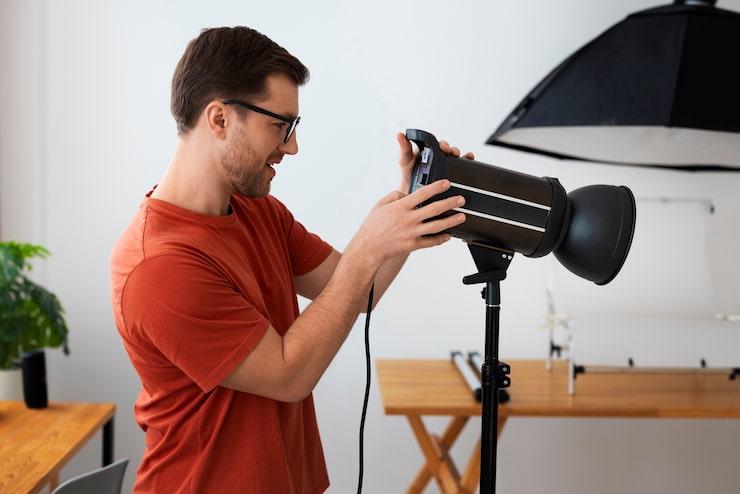 Ücretsiz Fotoğraf stüdyoda çalışan orta çekim uzmanlaşmış fotoğrafçı
