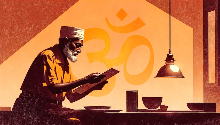 Ücretsiz Fotoğraf yaşlı adam, önünde om sembolü ve bir lamba ile kitap okuyor