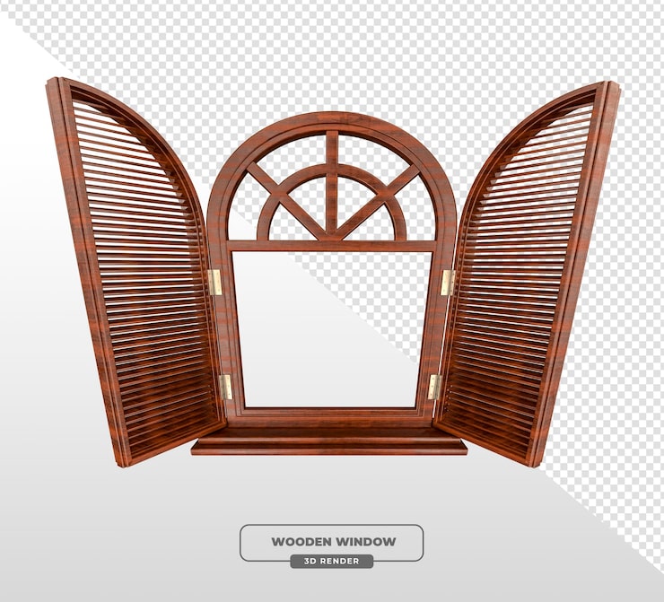 Ücretsiz PSD açık panjurlu ahşap kemerli pencerenin 3d render'ı