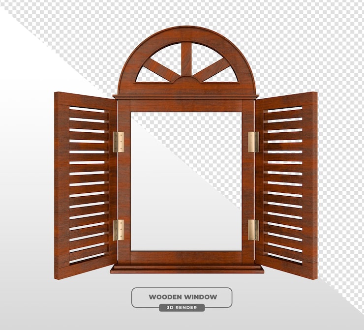 Ücretsiz PSD açık panjurlu ahşap pencere 3d render