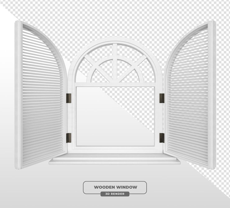 Ücretsiz PSD açık panjurlu beyaz ahşap kemer pencerenin 3d render'ı