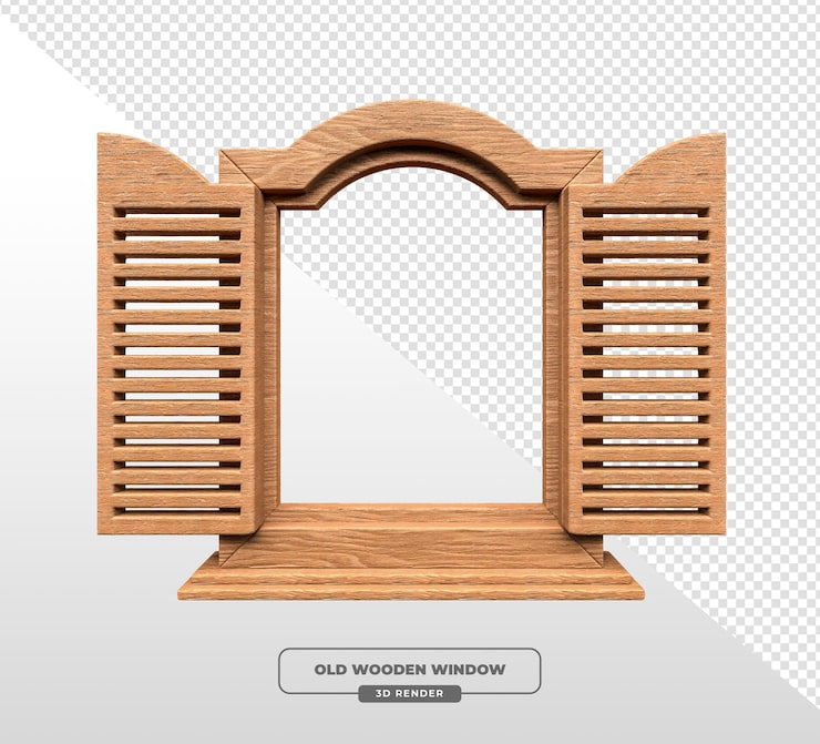 Ücretsiz PSD açık panjurlu eski ahşap pencerenin detaylı 3d render'ı