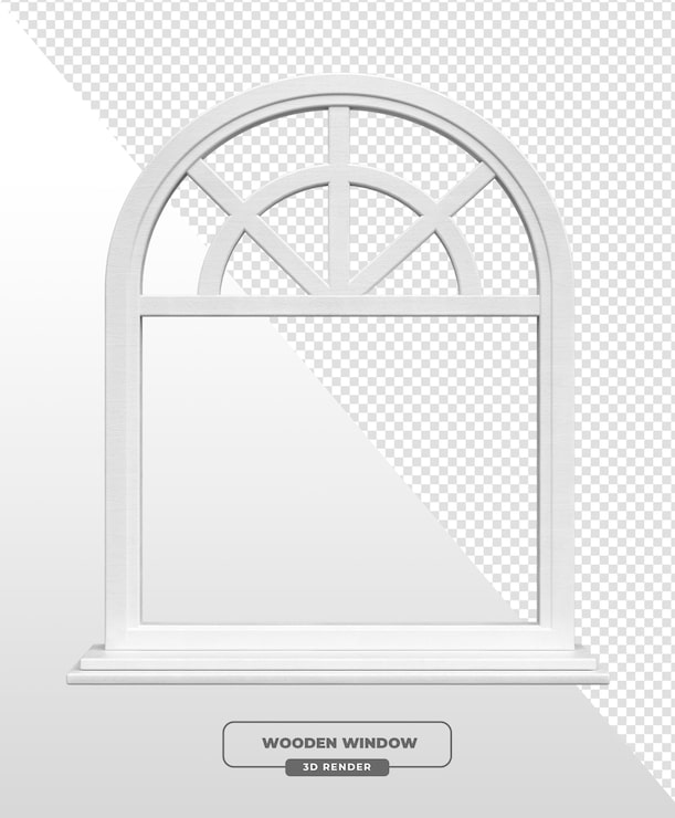 Ücretsiz PSD beyaz ahşap kemerli pencerenin 3d render'ı