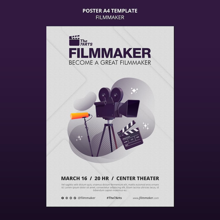 Ücretsiz PSD ekipmanlı film yapımcısı kursları için dikey poster şablonu