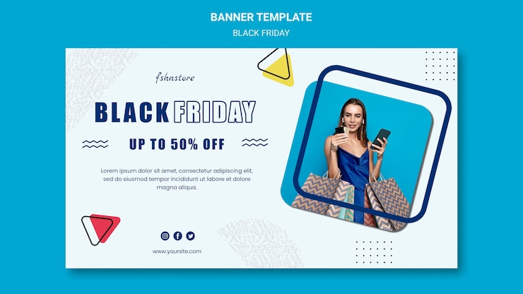 Ücretsiz PSD kadın ve üçgenlerle black friday için yatay banner