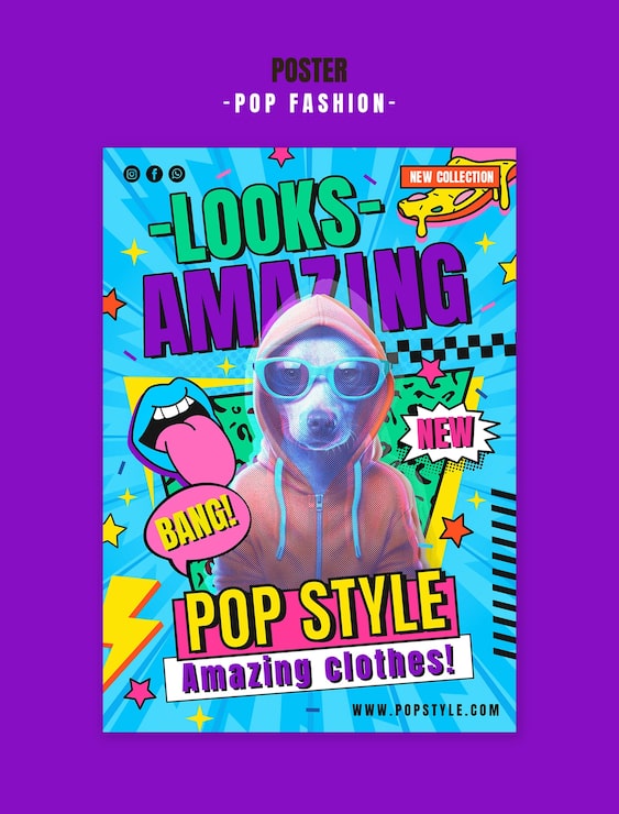 Ücretsiz PSD köpek ve harika kıyafetlerle pop moda posteri