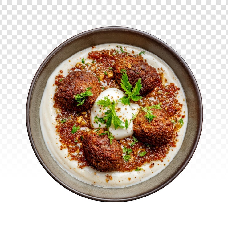 Ücretsiz PSD kremalı soslu ve otlu köfte veya falafel üstten görünüm