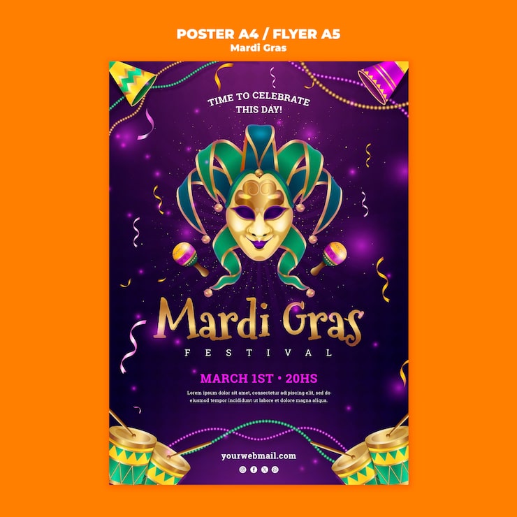 Ücretsiz PSD mardi gras kutlama posteri şablonu