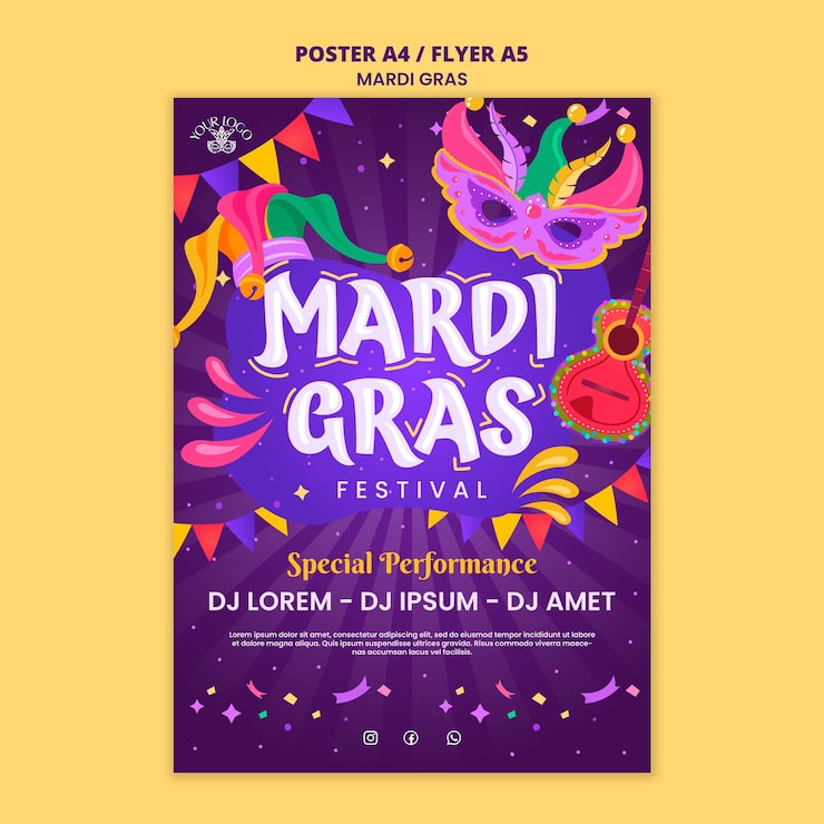 Ücretsiz PSD mardi gras kutlama posteri şablonu
