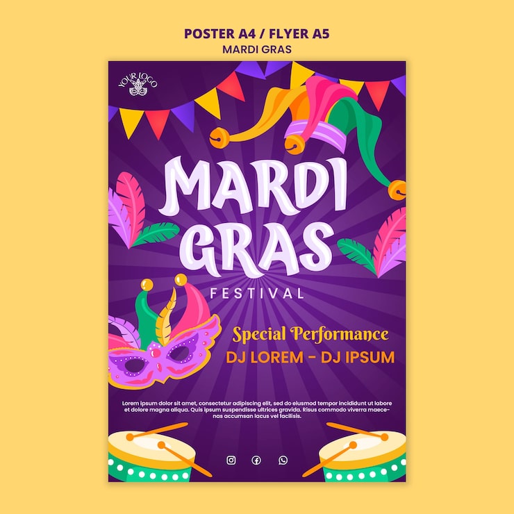 Ücretsiz PSD mardi gras kutlama posteri şablonu