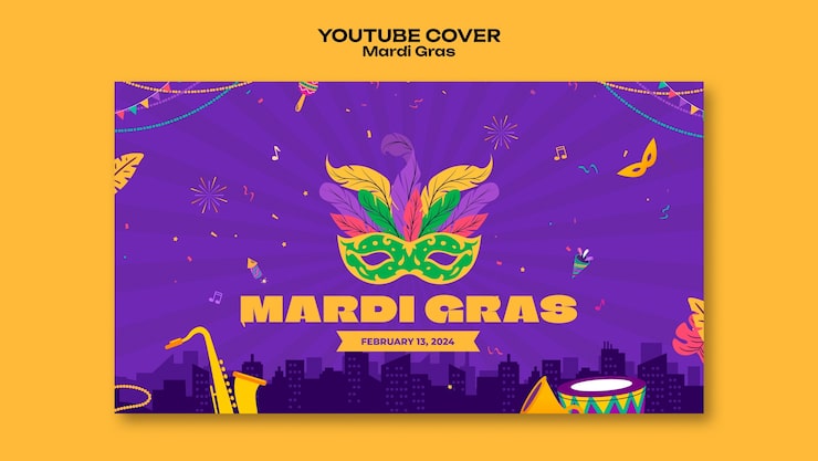 Ücretsiz PSD mardi gras kutlaması youtube kapak fotoğrafı
