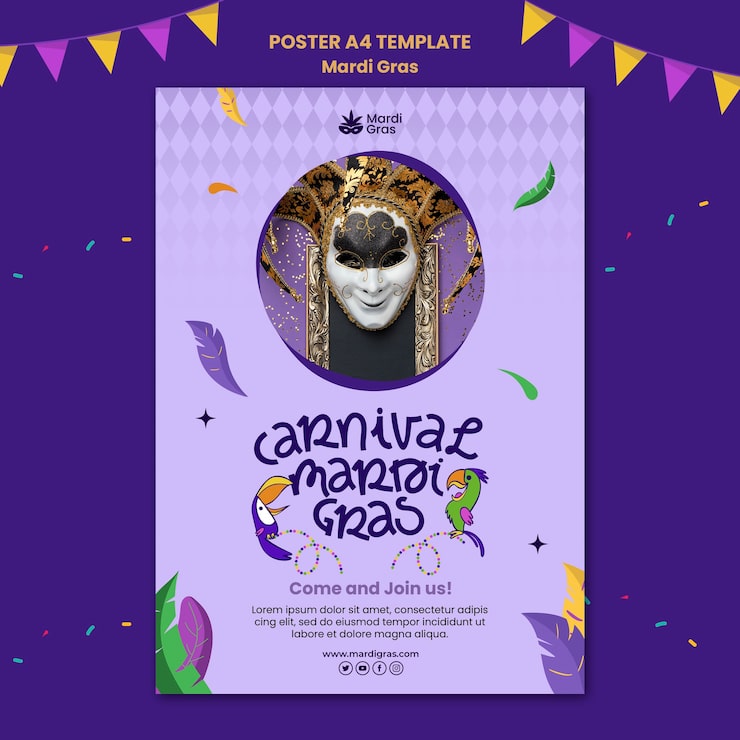 Ücretsiz PSD mor mardi gras baskı şablonu