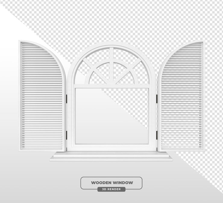 Ücretsiz PSD panjurlu beyaz ahşap kemerli pencerenin 3d render'ı