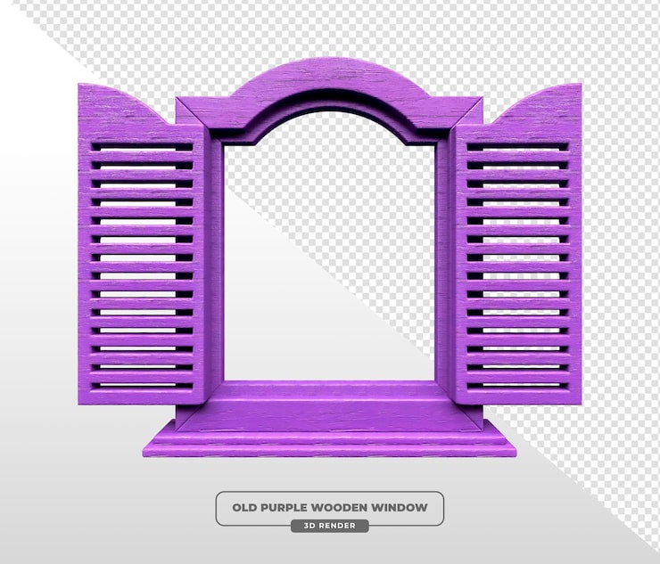 Ücretsiz PSD panjurlu eski mor ahşap pencere 3d render