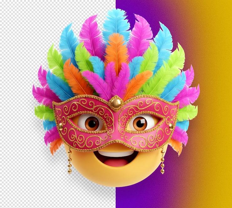 Ücretsiz PSD renkli tüylü bir karnaval maskesi takan mutlu emoji