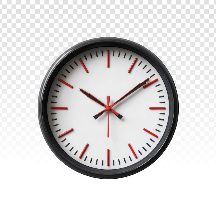Ücretsiz PSD siyah çerçeveli ve temiz beyaz kadranlı klasik bir analog duvar saati, keskin siyah bir arka plana karşı cesur kırmızı saat işaretçileri ve ibreleri barındırıyor.