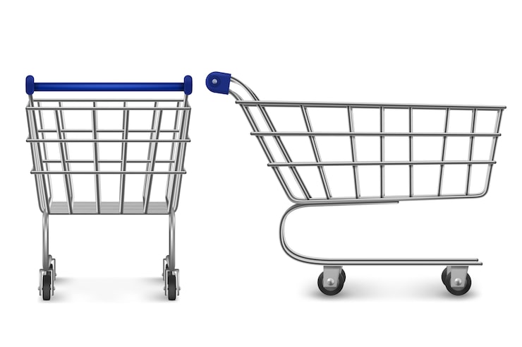 Ücretsiz Vektör alışveriş arabası arkadan ve yandan görünüm, beyaz arka planda izole edilmiş boş süpermarket arabası. perakende mağazasında, bakkalda ve markette alışveriş için müşteri ekipmanları. gerçekçi 3 boyutlu illüstrasyon