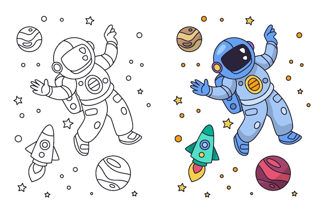 El çizimi astronot boyama kitabı illüstrasyonu