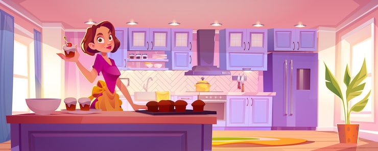 Ücretsiz Vektör mutfakta muffin pişiren ev hanımı