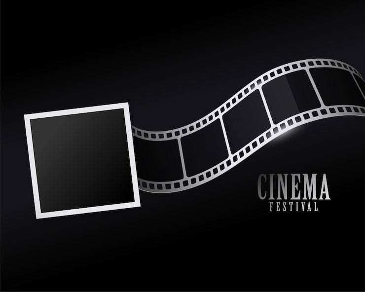 Ücretsiz Vektör sinema festivali kutlama arka planı için fotoğraf çerçevesi ve film şeridi
