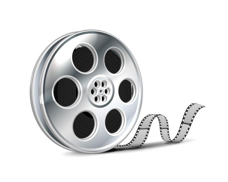 Ücretsiz Vektör siyah bantlı film makarası veya film metal rulosu. beyaz arka planda izole edilmiştir.