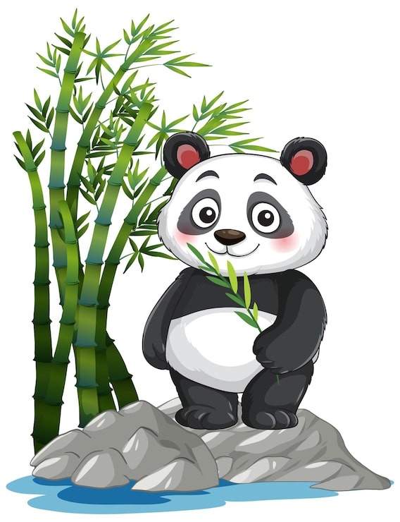 Vecteur gratuit adorable panda géant de dessin animé debout sur un rocher près de tiges de bambou