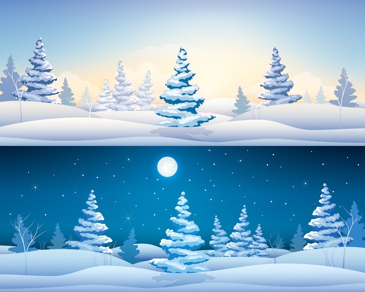 Vecteur gratuit belles bannières horizontales d'hiver avec paysage de fées sapins enneigés jour et nuit