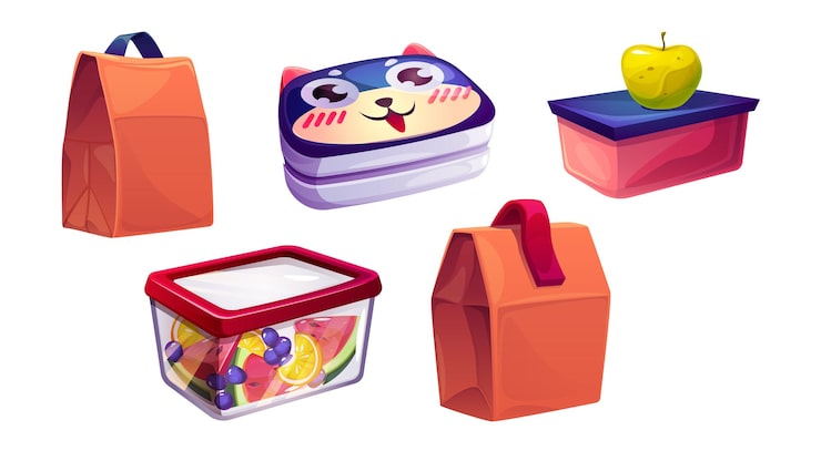 Vecteur gratuit boîte à déjeuner scolaire avec de la nourriture pour enfants et un sac pour la collation