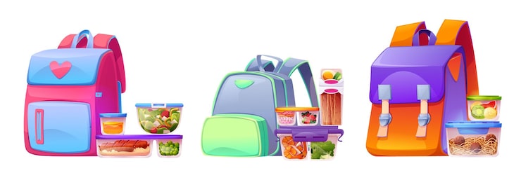 Vecteur gratuit boîte à lunch contenant des aliments près du sac à dos pour l'ensemble d'illustrations vectorielles isolées de l'école